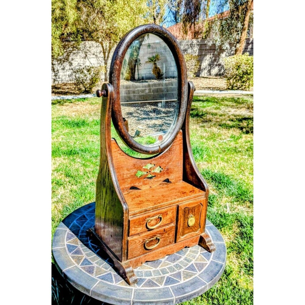Antique Used Japanese Kyodai Tabletop Vanity Coiffeuse Chest+Tilt Mirror Stand